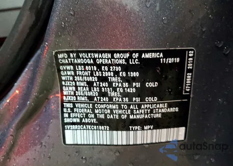 2019 Volkswagen Atlas Sel z USA, uszkodzony, nr VIN 1V2RR2CA7KC618672